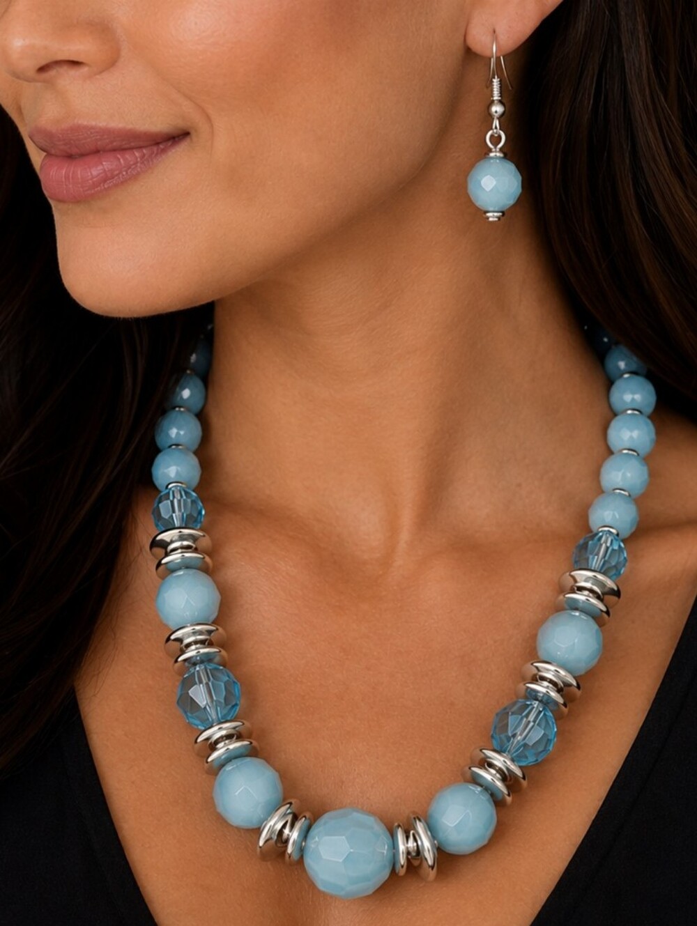 💎 Paparazzi Blue Faceted Bead Necklace & Earrings Set Silver Tone Statement